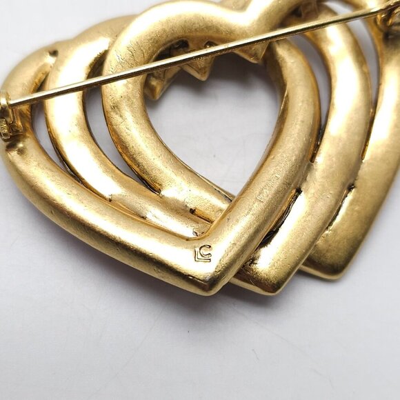 Vintage Liz Claiborne Gold Tone Interlocking Heart Brooch With Pink Rhinestones - Picture 4 of 6